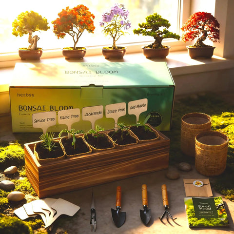 Five Pack Bonsai Tree Kit With Full Tools And Seed Packets Indoor Starter Kit In Wooden Box Easy Grow For Beginners A Chill Hobby Gift For Mom Men Women Plant Lovers This Christmas displayed on a table with tools and burlap pots.