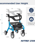 Heavy Duty Tall Rollator Walker With Comfy Seat Straight Up Built Tough Aluminum Frame Supports 350 Pounds No Sweat One Hand Fold Slick Blue Mobility Aid For Tall Grownups dimensions and height recommendations.