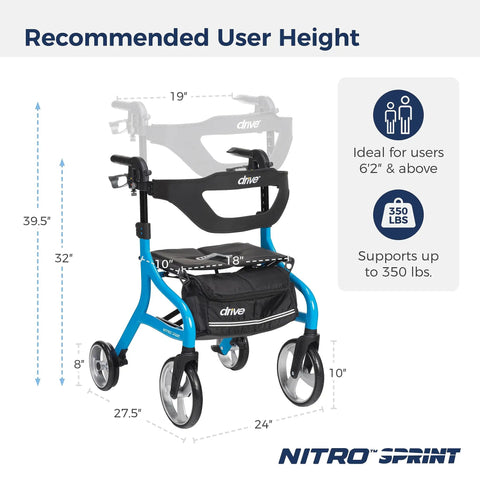 Heavy Duty Tall Rollator Walker With Comfy Seat Straight Up Built Tough Aluminum Frame Supports 350 Pounds No Sweat One Hand Fold Slick Blue Mobility Aid For Tall Grownups dimensions and height recommendations.