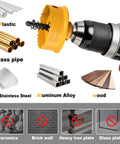 Heavy Duty Impact Hole Saw Set for Plumbers 3 Piece Thin Wall Kit With 7/8 Inch, 1-1/8 Inch And 1-3/8 Inch Holes shown drilling materials