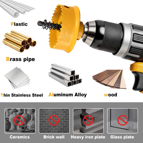 Heavy Duty Impact Hole Saw Set for Plumbers 3 Piece Thin Wall Kit With 7/8 Inch, 1-1/8 Inch And 1-3/8 Inch Holes shown drilling materials