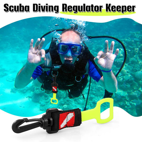 Diver underwater using 2 Pack Scuba Regulator Octopus Holder With Spring Clip Dive Flag Webbing And Silicone Ring, Yellow.