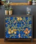 Dresser with Vintage Bird Peel and Stick Wallpaper in Blue Floral Pattern, applied as vinyl contact paper, William Morris inspired.