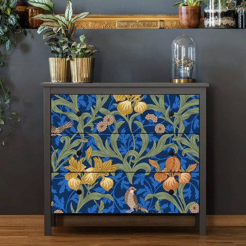 Dresser with Vintage Bird Peel and Stick Wallpaper in Blue Floral Pattern, applied as vinyl contact paper, William Morris inspired.