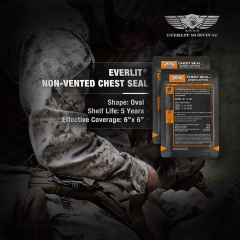 Everlit non-vented chest seal kit, two packs with orange labels, oval 6x6 in coverage.