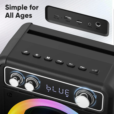 Control panel and inputs of All In One Karaoke System With Two Wireless Microphones Portable Bluetooth Speaker For Home Parties