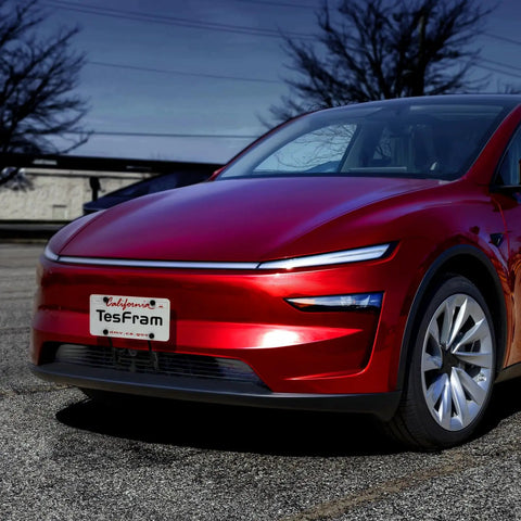 Front view of car featuring Juniper 2026 Model Y License Plate Holder For Premium With No Drill Front Plate Mounting Kit Anti Theft Design