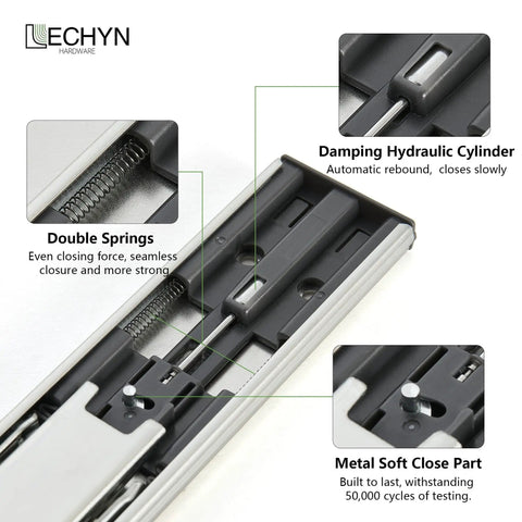 Heavy Duty 18 Inch Drawer Slides Set With Soft Close And Full Extension 3 Fold Ball Bearing Rails, close-up of steel construction and parts
