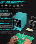 60W Smart Soldering Station With 110V Input Pro Grade Build Adjustable 392 To 896 F Digital Soldering Iron Station 5 Tips 3 Preset Channels Sleep Timer C To F Switch USB Charging displayed with digital display and soldering iron in use on a green circuit board.