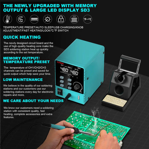 60W Smart Soldering Station With 110V Input Pro Grade Build Adjustable 392 To 896 F Digital Soldering Iron Station 5 Tips 3 Preset Channels Sleep Timer C To F Switch USB Charging displayed with digital display and soldering iron in use on a green circuit board.