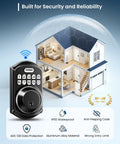 Slick Wifi Smart Deadbolt Solid Keyless Entry Door Lock Matte Black App Sync One Hundred Codes Two Backup Keys Alexa Google Assistant Voice Control Hustle Free Home Security with keypad and house model