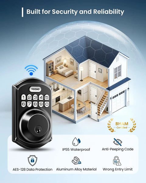 Slick Wifi Smart Deadbolt Solid Keyless Entry Door Lock Matte Black App Sync One Hundred Codes Two Backup Keys Alexa Google Assistant Voice Control Hustle Free Home Security with keypad and house model
