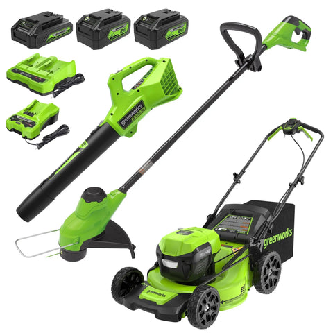Cordless Yard Tool Bundle With 21 Inch Self Propelled Lawn Mower, 12 Inch Trimmer And Blower, Includes Three Batteries And Two Chargers, 48V Power Pack Delivers Gas Like Torque And Quiet Operation For Easy No Fuss Yard Work
