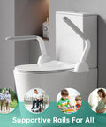 Thick Cast Iron Toilet Safety Rails For Seniors Featuring Slick Fold Handles And Non Slip Base Rock Solid Bathroom Assist Frame installed on modern toilet.