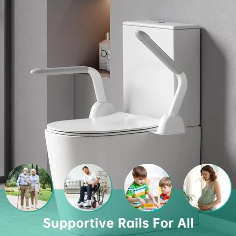 Thick Cast Iron Toilet Safety Rails For Seniors Featuring Slick Fold Handles And Non Slip Base Rock Solid Bathroom Assist Frame installed on modern toilet.