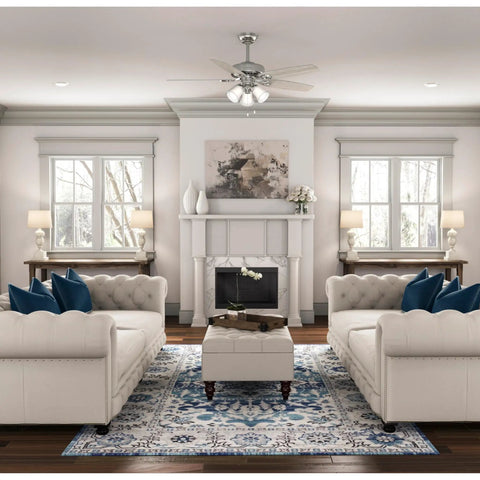 Living room with 52 Inch Indoor Ceiling Fan With LED Lights And Pull Chain For Bedroom Or Living Room, Brushed Nickel Finish, five blades.