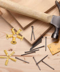Table Bolt Sleeve Connector Kit with zinc alloy components and tools on wooden surface for versatile shelving installation