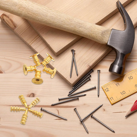 Table Bolt Sleeve Connector Kit with zinc alloy components and tools on wooden surface for versatile shelving installation