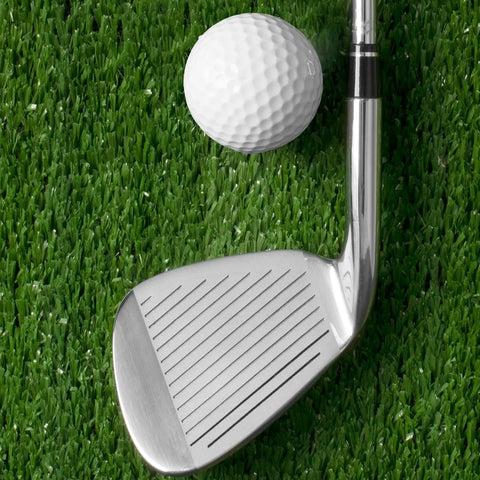 Golf iron with 10 Pack.370 Golf Iron Ferrules With Black Body And Silver Ring next to a golf ball on grass
