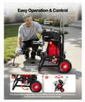 Heavy Duty Auto Feed Drain Cleaner Machine With 100 Ft Steel Cable, showing adjustable drum angle and telescopic handle in use.