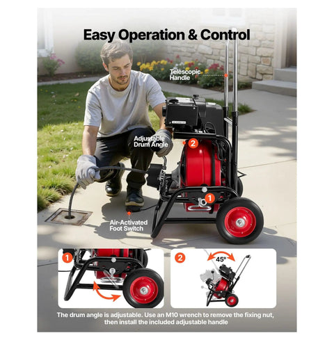 Heavy Duty Auto Feed Drain Cleaner Machine With 100 Ft Steel Cable, showing adjustable drum angle and telescopic handle in use.