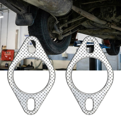 Premium 2.25 Inch Exhaust Gasket With Fire Ring For 60mm 2 Bolt Flange Graphite Construction shown under vehicle for easy installation.
