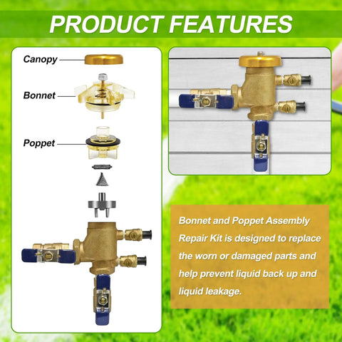 DIY Ready Bonnet And Poppet Assembly Repair Kit For 765 Half Inch And Three Quarters Inch Pressure Vacuum Breakers And Backflow Preventers PVB Material Replacement Easy Install showing exploded view and installed assembly.