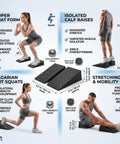 2 Pack Premium Heel Elevated Squat Wedges with Non Slip Grip for Hella Deep Squats Ankle Mobility and Calf Stretching displayed with usage examples.