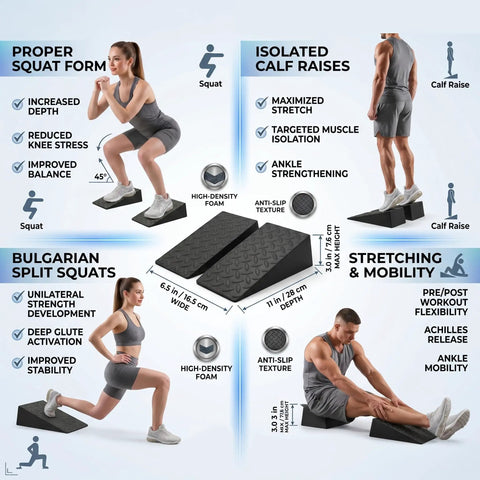 2 Pack Premium Heel Elevated Squat Wedges with Non Slip Grip for Hella Deep Squats Ankle Mobility and Calf Stretching displayed with usage examples.