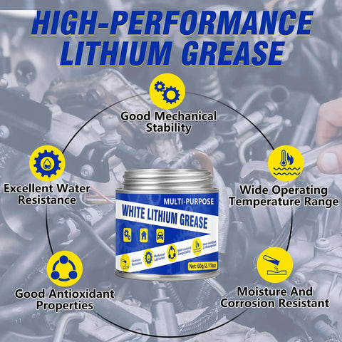 All-Purpose Lithium Grease 60ml With Brush Pro Grade Garage Door And Bike Lubricant packaging with features.