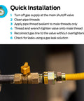 Quick installation guide with image of Brass Gas Ball Valve Half Inch FIP, Straight Inline, Quarter Turn Handle connected to gas line
