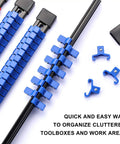 Six Piece Three Eighths Inch Drive Socket Organizer Rails Set With SAE And Metric Holder Rails in red and blue with clips visible