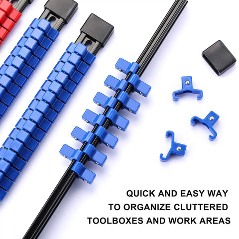 Six Piece Three Eighths Inch Drive Socket Organizer Rails Set With SAE And Metric Holder Rails in red and blue with clips visible