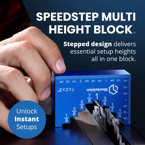 Hand adjusting table saw blade height with Pro Grade Aluminum Setup Blocks for woodworking