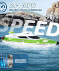 A green High Speed Remote Control Boat For Adults And Kids Aged Eight To Thirteen 35 Plus KPH with water cooling system in action.