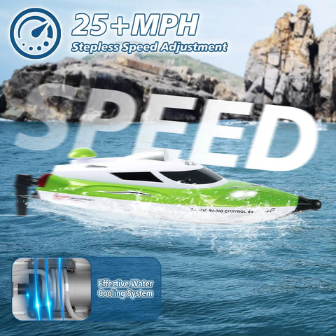 A green High Speed Remote Control Boat For Adults And Kids Aged Eight To Thirteen 35 Plus KPH with water cooling system in action.