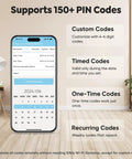 Fingerprint Smart Deadbolt with Keypad and App Control for Keyless Entry Security Lock for Home Apartment Rental Featuring Auto Lock plus One Touch Unlock Works with Alexa and Google Home No Sweat DIY Install in Minutes mobile app display showing custom and timed code options.