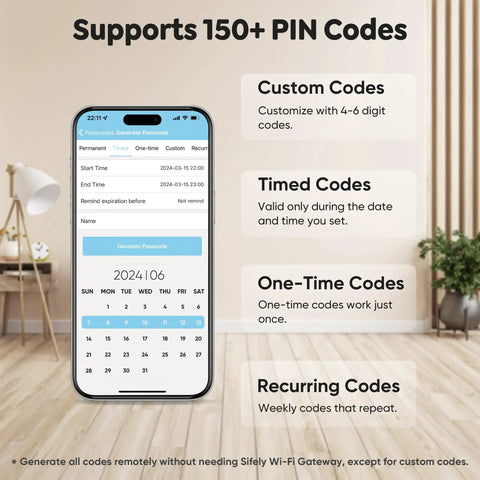 Fingerprint Smart Deadbolt with Keypad and App Control for Keyless Entry Security Lock for Home Apartment Rental Featuring Auto Lock plus One Touch Unlock Works with Alexa and Google Home No Sweat DIY Install in Minutes mobile app display showing custom and timed code options.