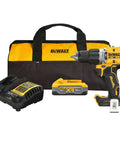 Pro Grade Brushless Cordless Hammer Drill Kit Paired With Half Inch Chuck And Five Amp Hour Battery Plus Lightning Charger displayed with battery and charger.