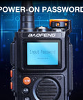 Close-up of screen on Tri Band Ham Radio 5W Two Way Kit displaying 'Input Password' prompt, showing password security feature.
