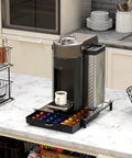 Tempered Glass Coffee Pod Drawer For Original Line Holds 42 Pods with espresso maker on top, visible colorful pods inside.