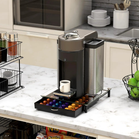 Tempered Glass Coffee Pod Drawer For Original Line Holds 42 Pods with espresso maker on top, visible colorful pods inside.