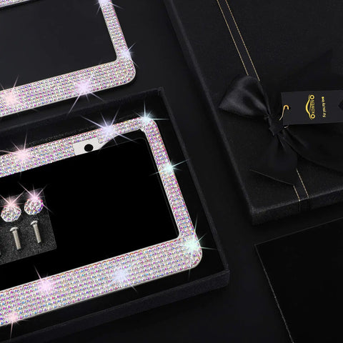 Sparkly Rhinestone License Plate Frames 2 Pack Bling Set with Over 1100 Black 5mm Rhinestones, Handcrafted Stainless Steel Crystal in Gift Box