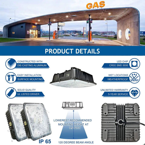 Super Bright 75W LED Canopy Light 5000K 8625LM UL Listed Outdoor Waterproof for Gas Stations with product details