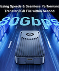 Ridiculously Fast M.2 NVMe SSD Enclosure With Built In Quiet Cooling Fan Crushes Big Files At Eighty Gbps For Seamless Gaming And 8K Video Edits Sleek Aluminum Body Plays Nice With Thunderbolt And USB showing sleek design and transfer speed.