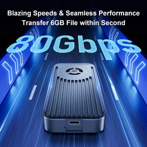 Ridiculously Fast M.2 NVMe SSD Enclosure With Built In Quiet Cooling Fan Crushes Big Files At Eighty Gbps For Seamless Gaming And 8K Video Edits Sleek Aluminum Body Plays Nice With Thunderbolt And USB showing sleek design and transfer speed.