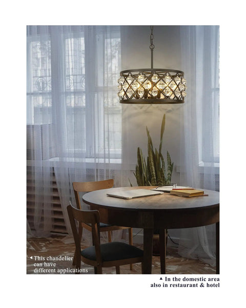 4 Light Crystal Chandelier With Oil Rubbed Bronze Finish, Modern Farmhouse Pendant Light For Dining Room, above table