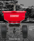 Front view of Pro Grade 100 Lb Spreader with stainless steel frame and red weather resistant hopper enclosed gearbox.