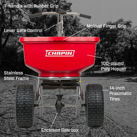 Front view of Pro Grade 100 Lb Spreader with stainless steel frame and red weather resistant hopper enclosed gearbox.