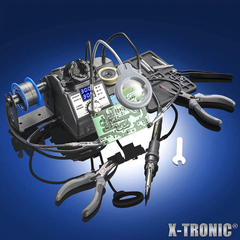 Pro Grade 75W Soldering Iron Station Kit With 5 Extra Tips, Mini Mag Lamp visible with tools including pliers and solder sucker